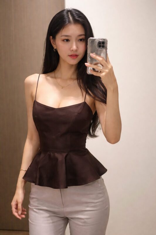 Chica asiática elegante con top oscuro en apartamento moderno en Valladolid